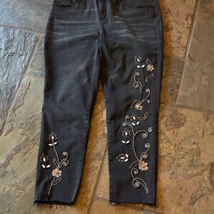 Chico's Black Straight Leg Jeans with Embroidered Floral Detail